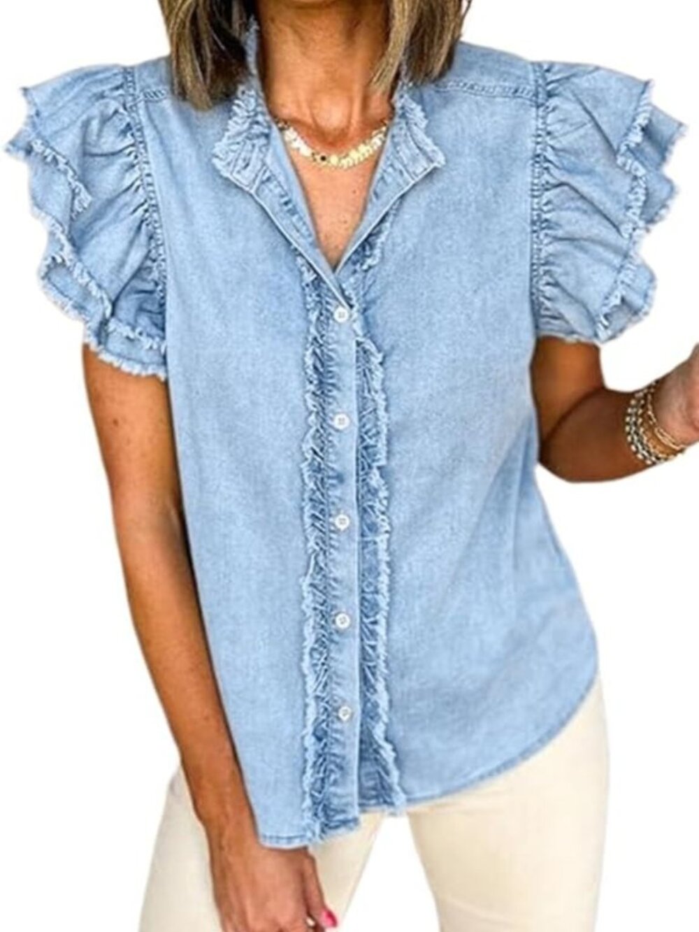 Summer Women's Ruffled Flutter Sleeve Denim Blouse | V-Neck Casual Top